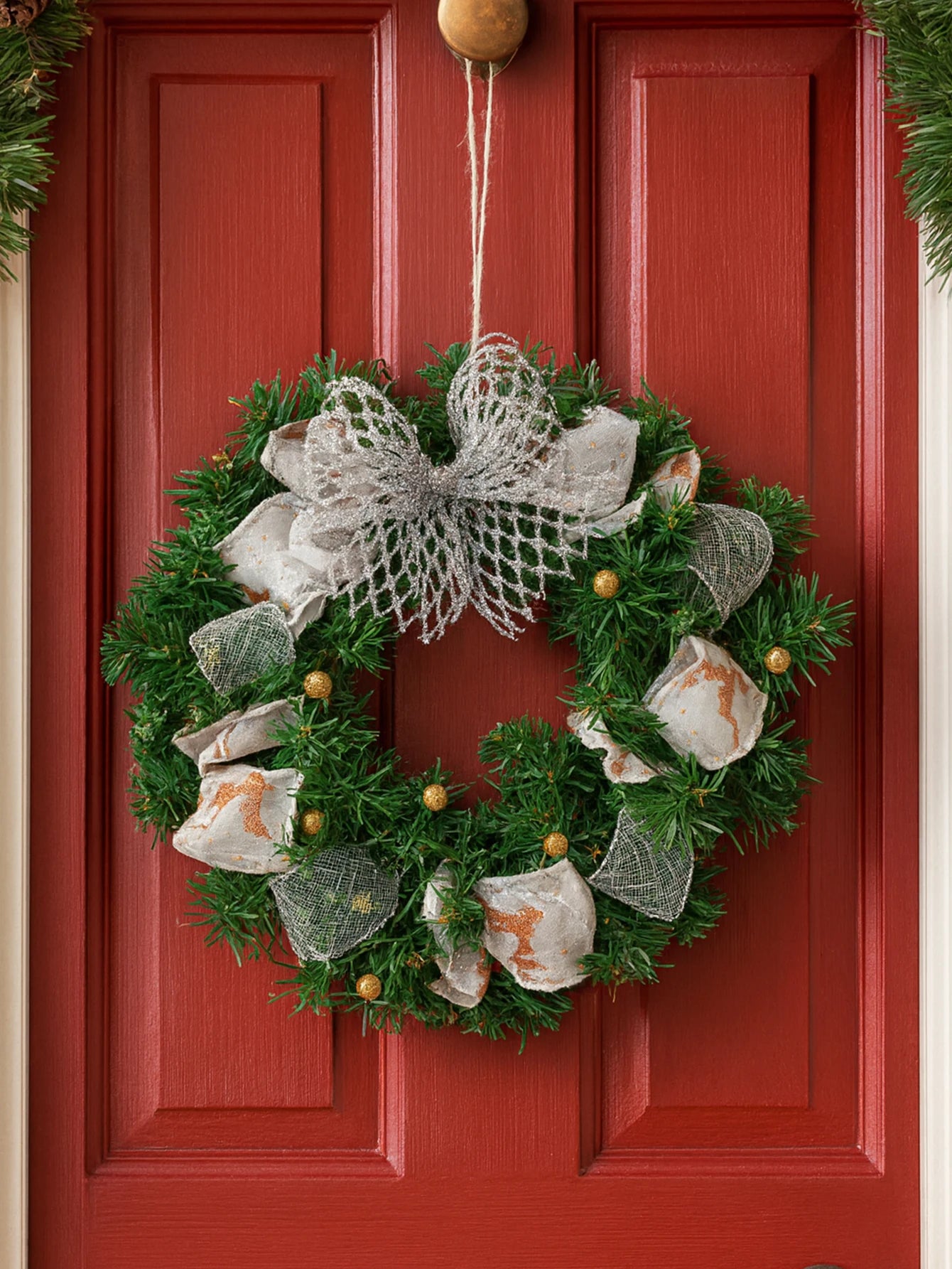 Christmas Wreath with Bow & Bell Decor, Artificial Green Wreaths for Front Door, Wall, Xmas Tree & Festive Home Decoration Gift