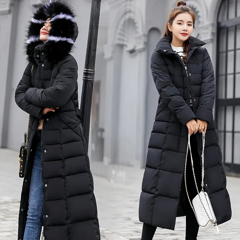 Korean Style Thickened Winter Cotton Jacket Women's Long Coat with Fur Collar Slim Fit Hooded Ladies' Cotton Padded Coat