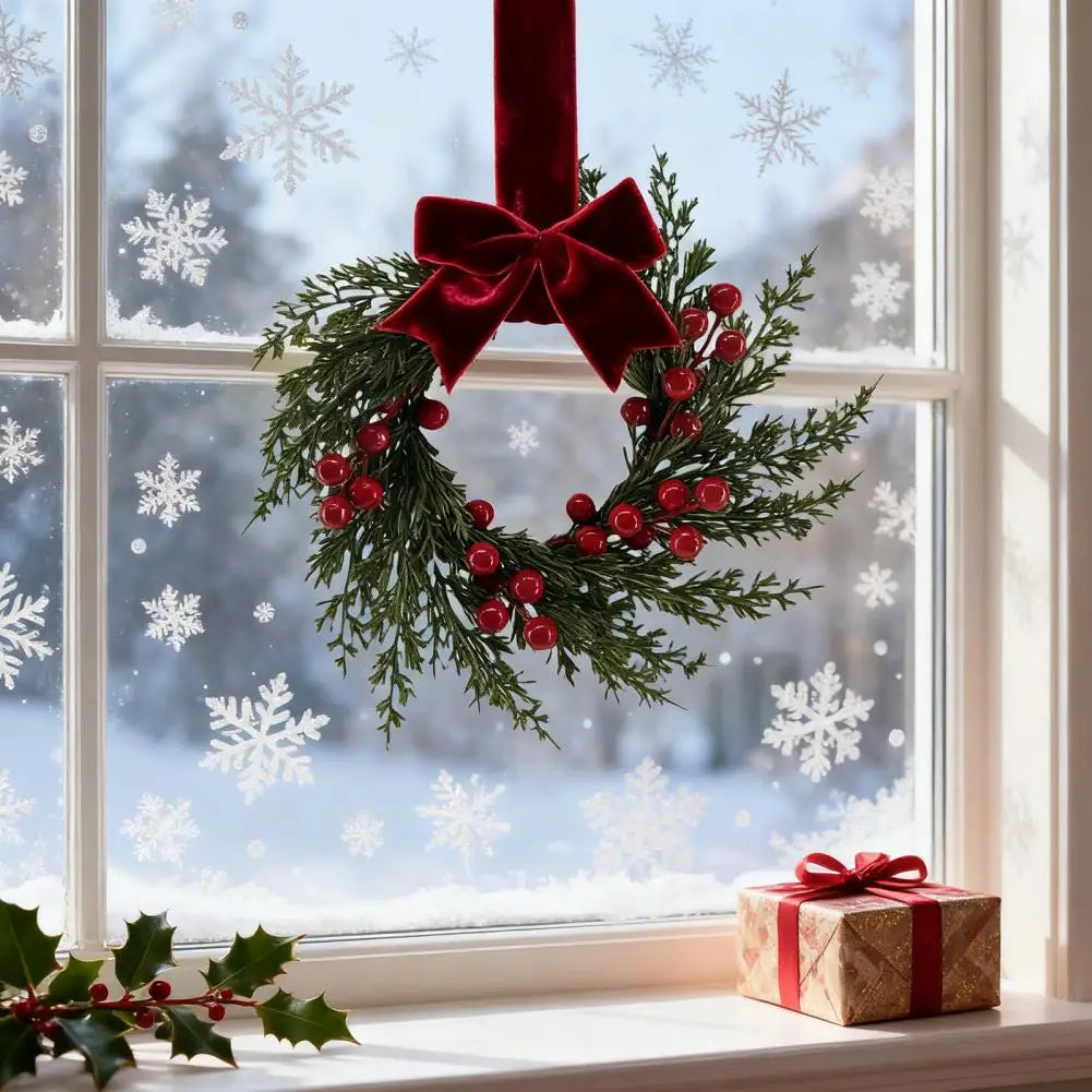 Artificial Christmas Wreath 10 Inch Winter Greenery Wreath with Red Berries And Velvet Bow Front Door Holiday Porch Wall Decor