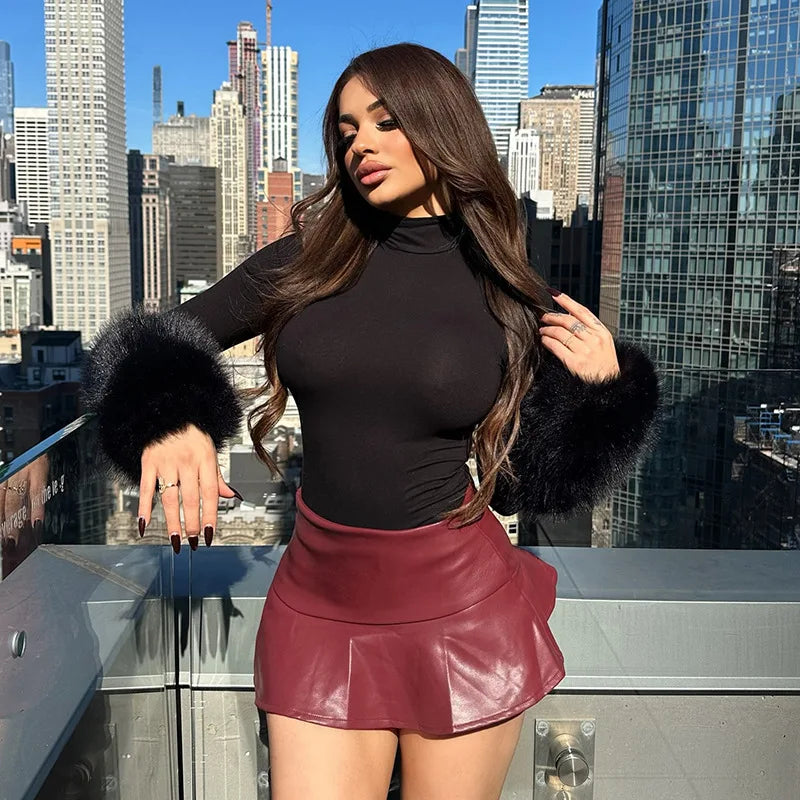 Winter Sexy Outfits for Woman 2 Piece Set Long Sleeve Fur Patchwork Bodysuit and Shorts Sets Female Matching Streetwear 2025 New