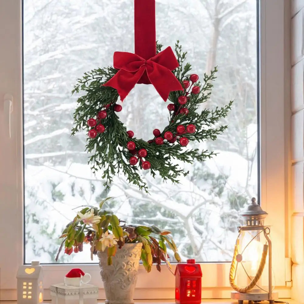 Artificial Christmas Wreath 10 Inch Winter Greenery Wreath with Red Berries And Velvet Bow Front Door Holiday Porch Wall Decor