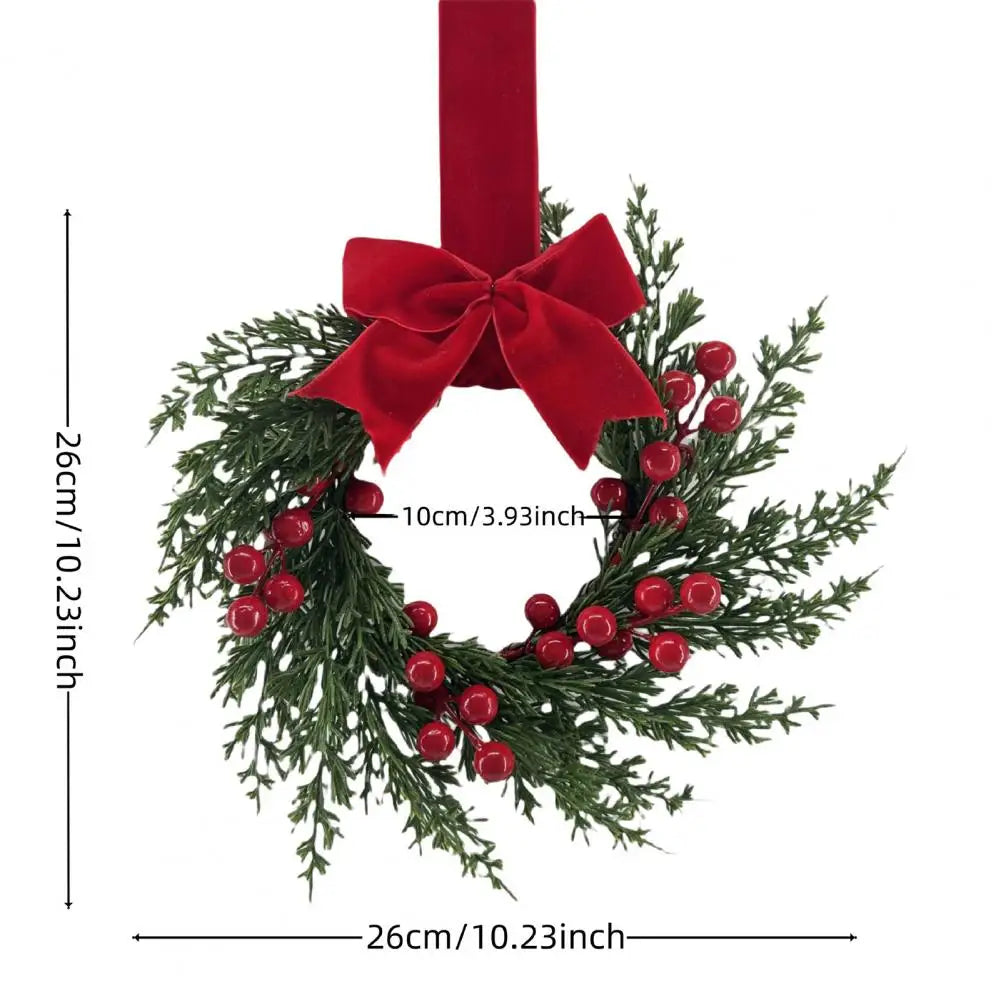 Artificial Christmas Wreath 10 Inch Winter Greenery Wreath with Red Berries And Velvet Bow Front Door Holiday Porch Wall Decor