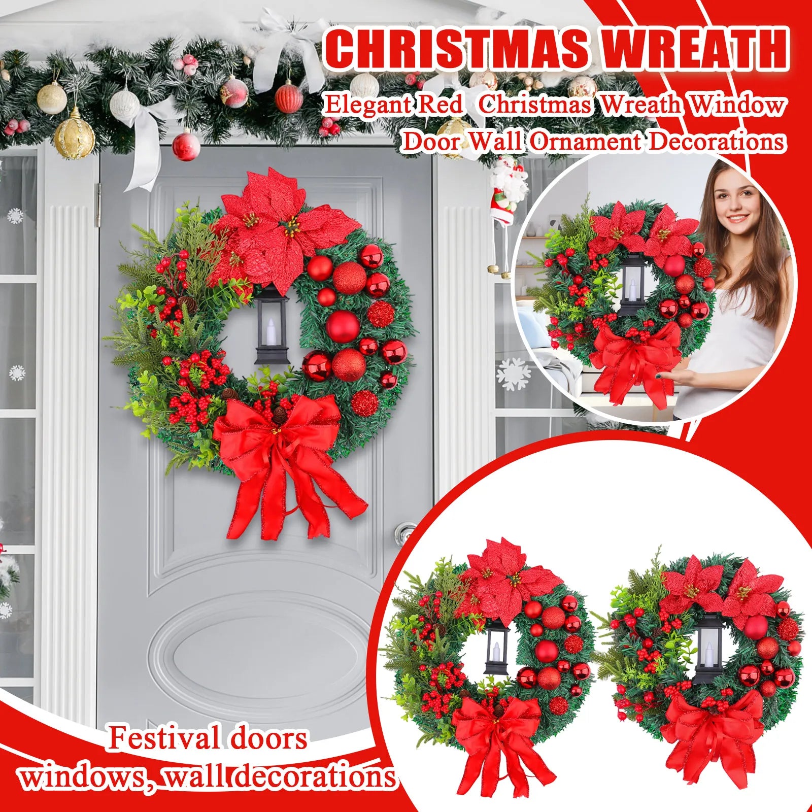 Elegant Red Christmas Wreath Champagne Christmas Wreath Window Door Wall Ornament Decorations Suministros NavideñOs