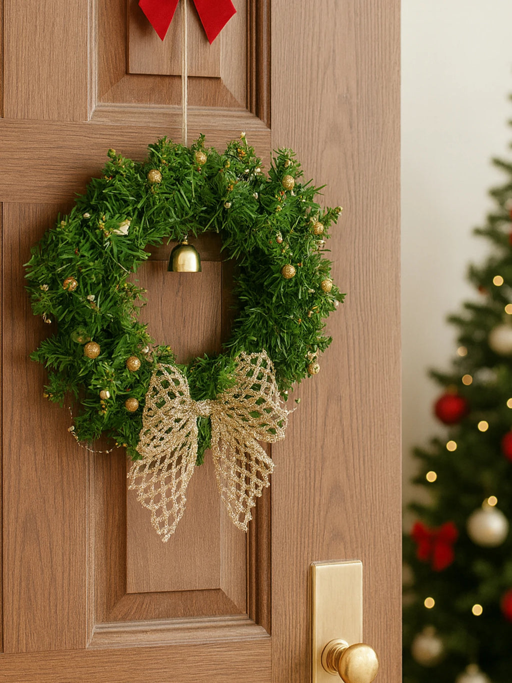 Christmas Wreath with Bow & Bell Decor, Artificial Green Wreaths for Front Door, Wall, Xmas Tree & Festive Home Decoration Gift