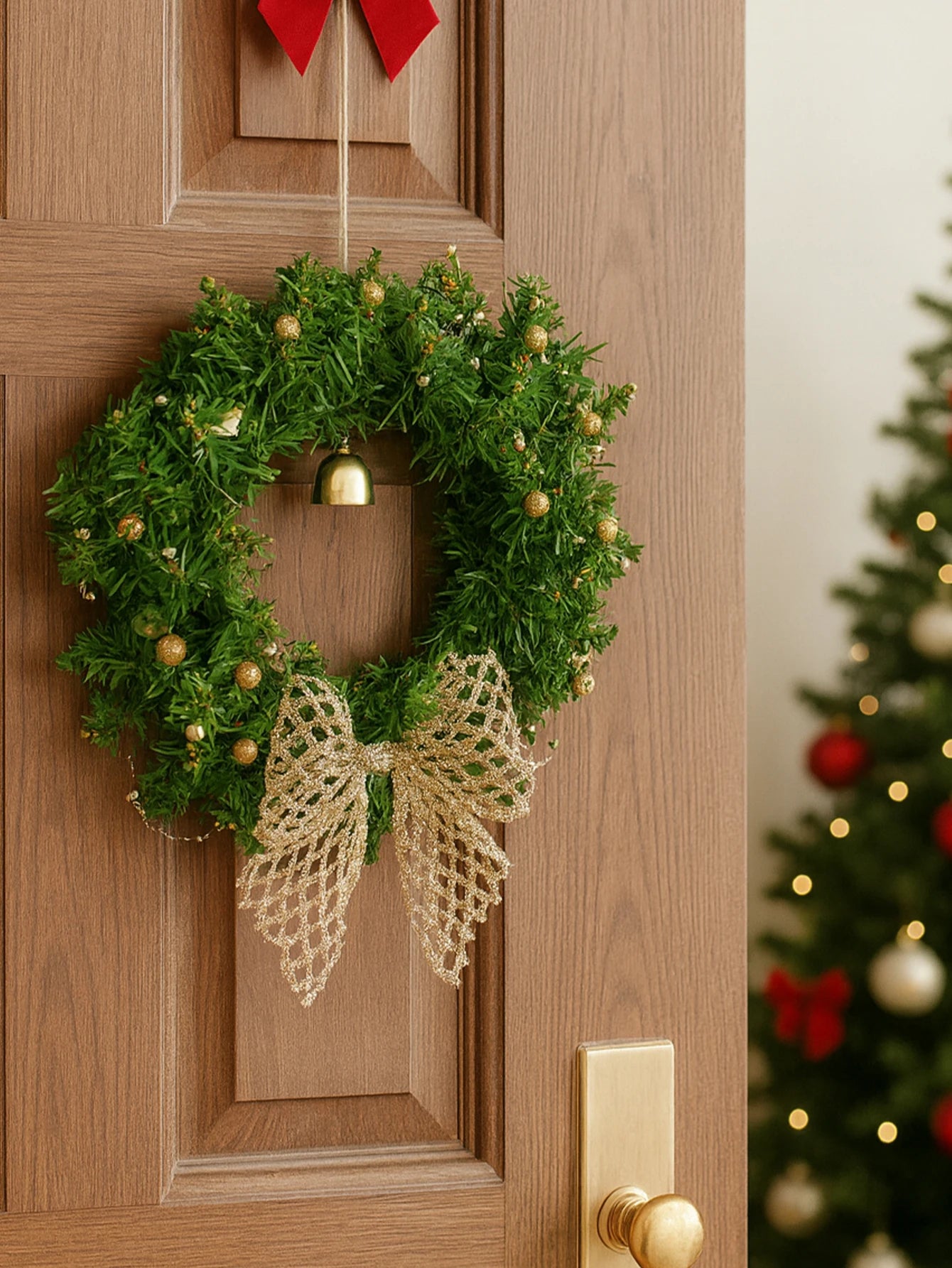 Christmas Wreath with Bow & Bell Decor, Artificial Green Wreaths for Front Door, Wall, Xmas Tree & Festive Home Decoration Gift