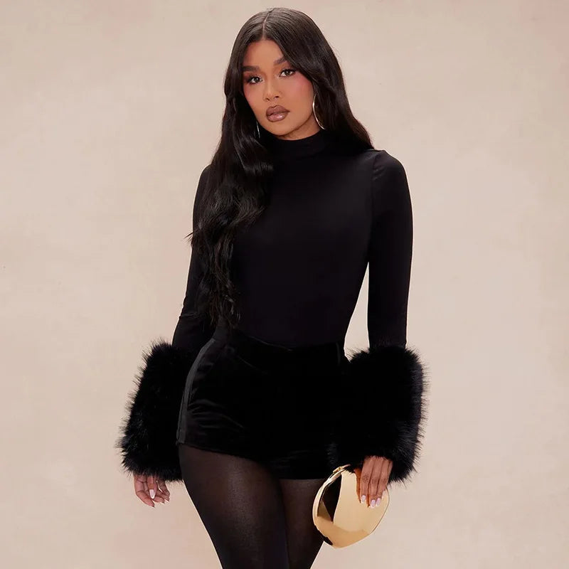 Winter Sexy Outfits for Woman 2 Piece Set Long Sleeve Fur Patchwork Bodysuit and Shorts Sets Female Matching Streetwear 2025 New