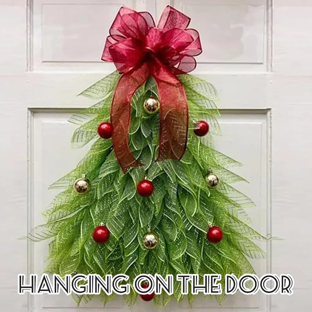 Christmas Tree Wreath for Front Door Hanging Ornament for Garden Room Christmas Tree Wreath With Red Bow Christmas Decor