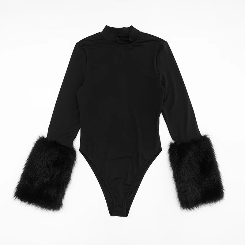 Winter Sexy Outfits for Woman 2 Piece Set Long Sleeve Fur Patchwork Bodysuit and Shorts Sets Female Matching Streetwear 2025 New