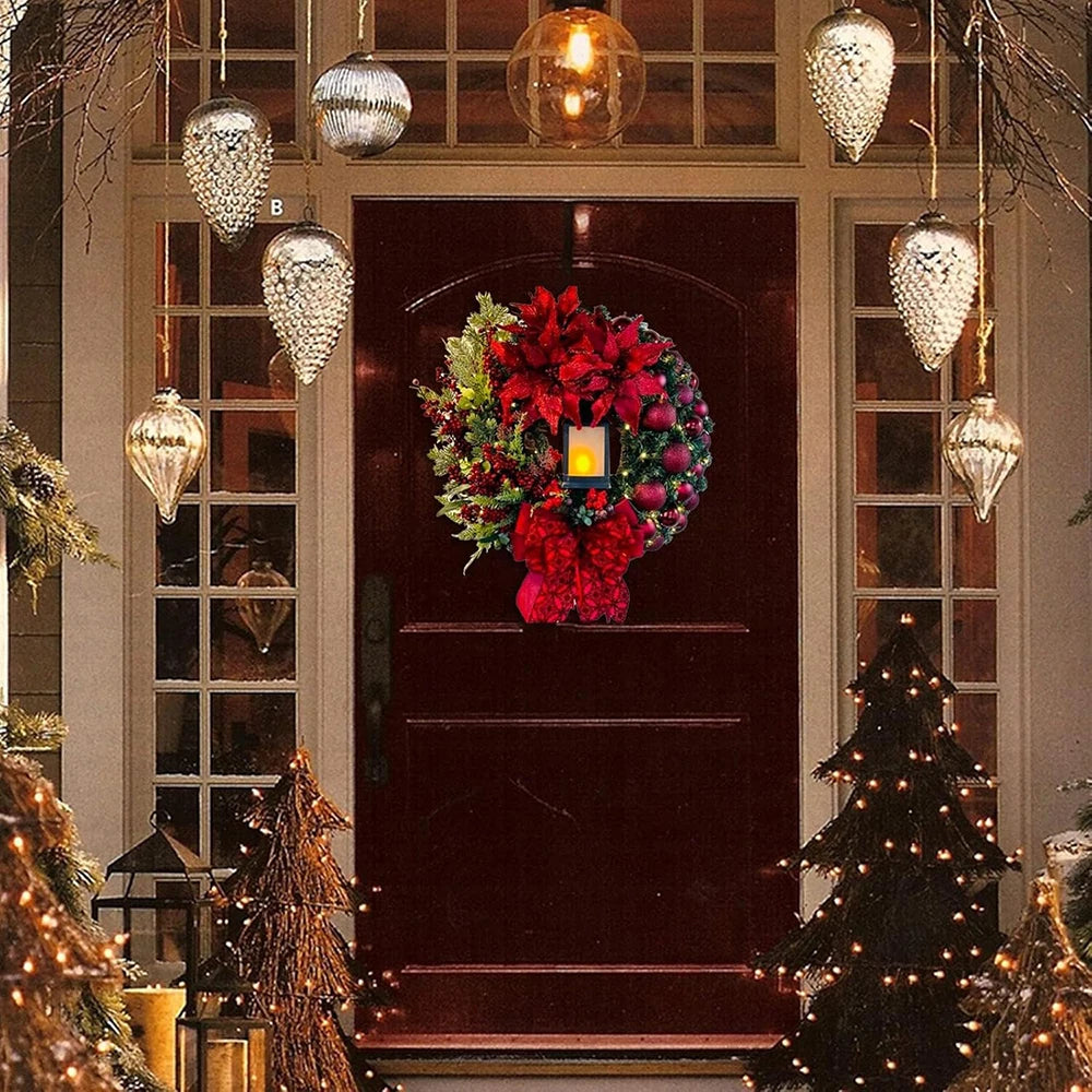 Christmas Wreath with Lamp Bow Ball Big Red Flower Navidad Party Wall Door Window Fireplace Staircase Balcony Garden Wreath 2025