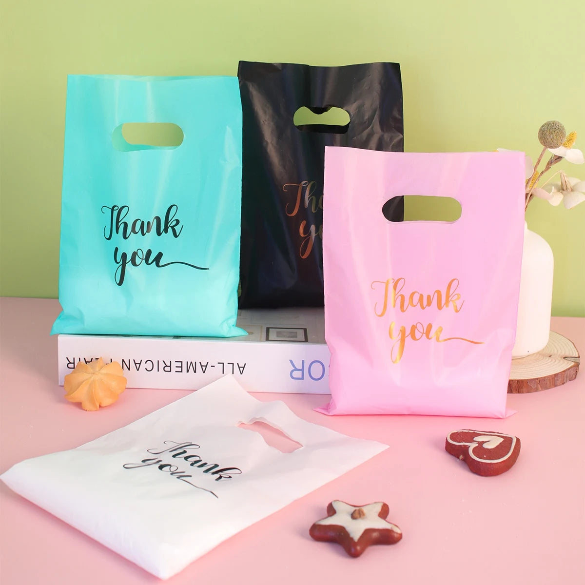 100pcs Thank You Gift Bags Plastic Wedding Birthday Party Favor Bags Treat Bag for Small Business Shopping Candy Packaging