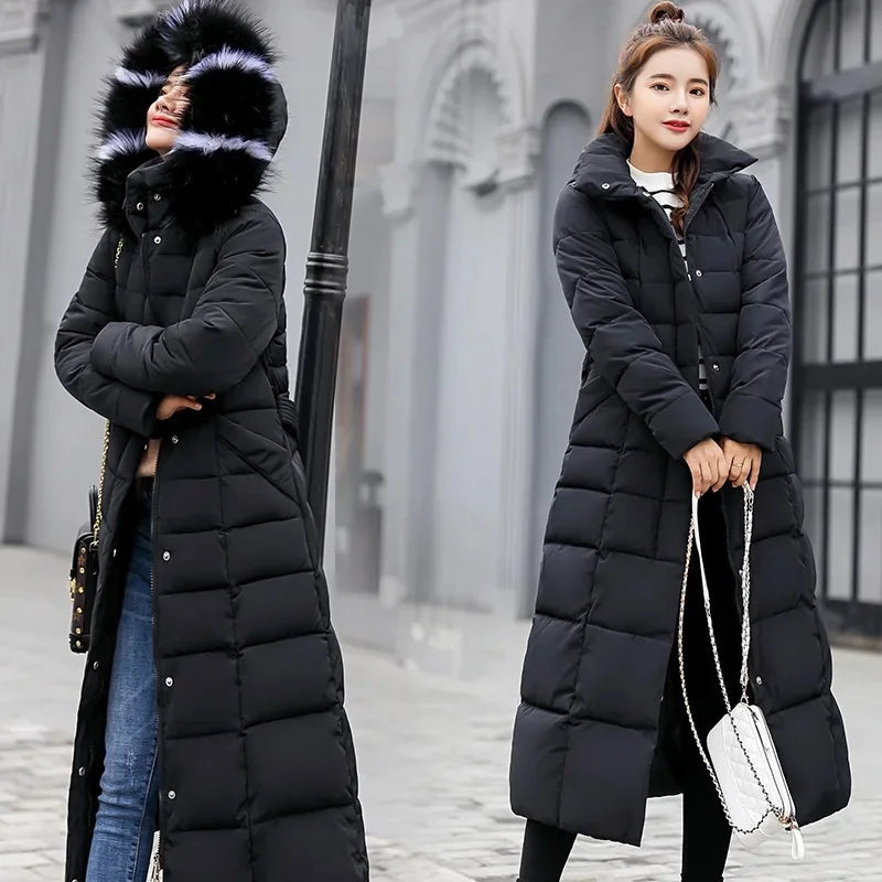Korean Style Thickened Winter Cotton Jacket Women's Long Coat with Fur Collar Slim Fit Hooded Ladies' Cotton Padded Coat