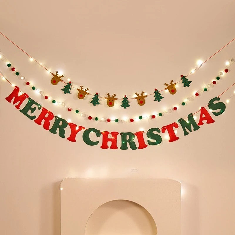 Christmas decorations, tree ornaments, indoor LED lights, pictures, background walls, atmosphere, scenes, decorations and flags.