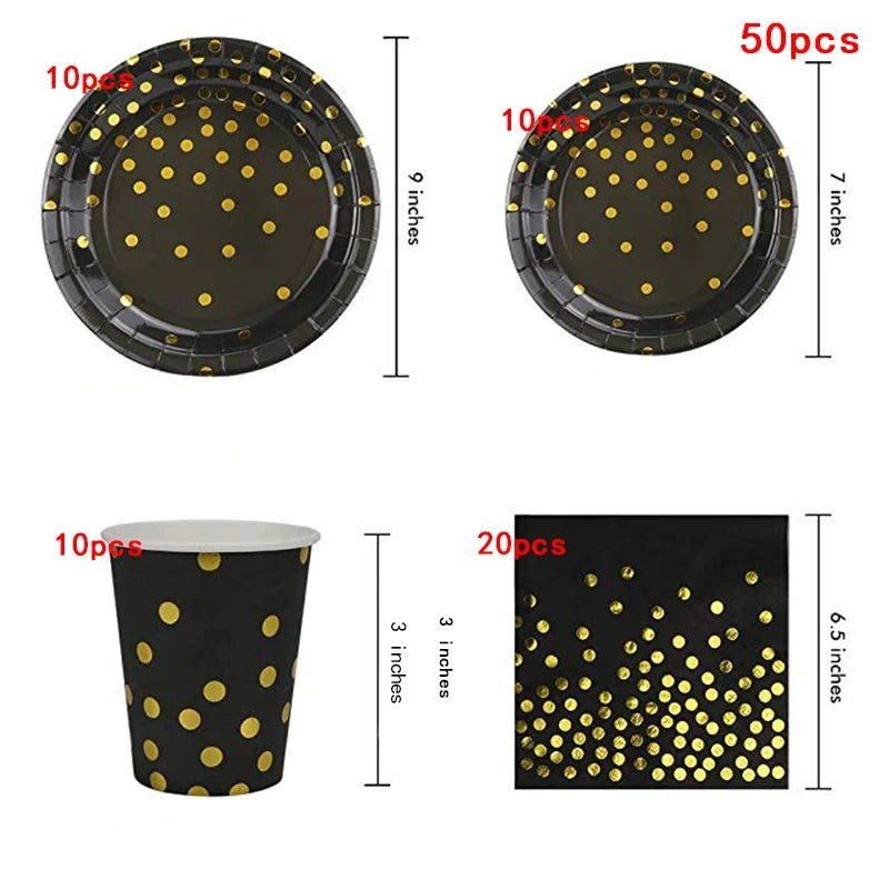 Black and Gold Paper Plates Party Supplies for 10 Guests Disposable Party Decorations Dinnerware Golden Dot Black Paper Plate