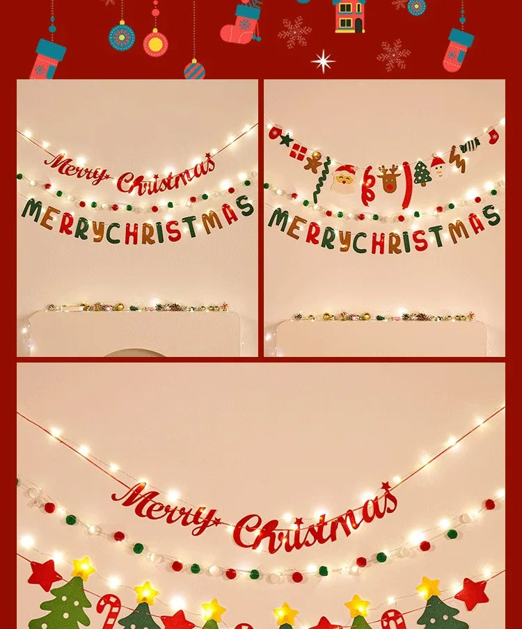 Christmas decorations, tree ornaments, indoor LED lights, pictures, background walls, atmosphere, scenes, decorations and flags.
