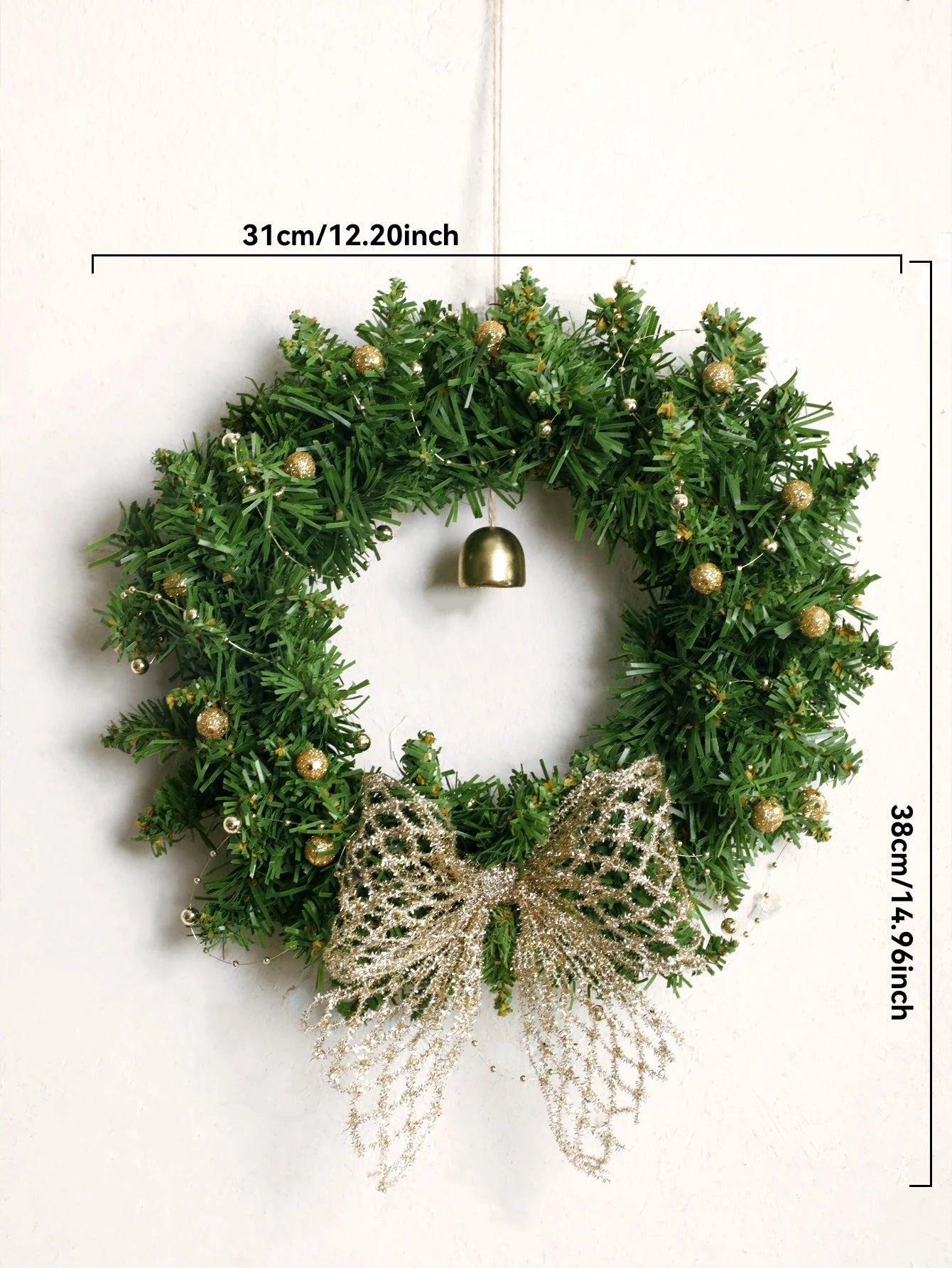 Christmas Wreath with Bow & Bell Decor, Artificial Green Wreaths for Front Door, Wall, Xmas Tree & Festive Home Decoration Gift