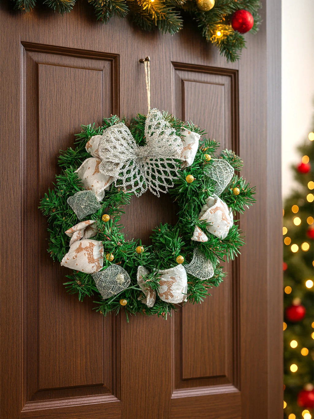 Christmas Wreath with Bow & Bell Decor, Artificial Green Wreaths for Front Door, Wall, Xmas Tree & Festive Home Decoration Gift