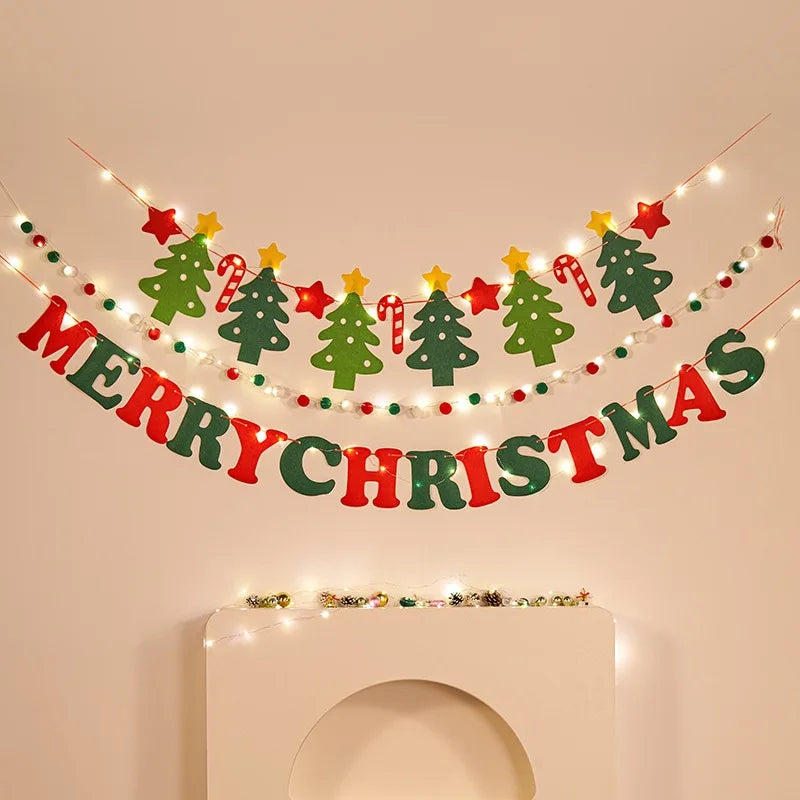 Christmas decorations, tree ornaments, indoor LED lights, pictures, background walls, atmosphere, scenes, decorations and flags.
