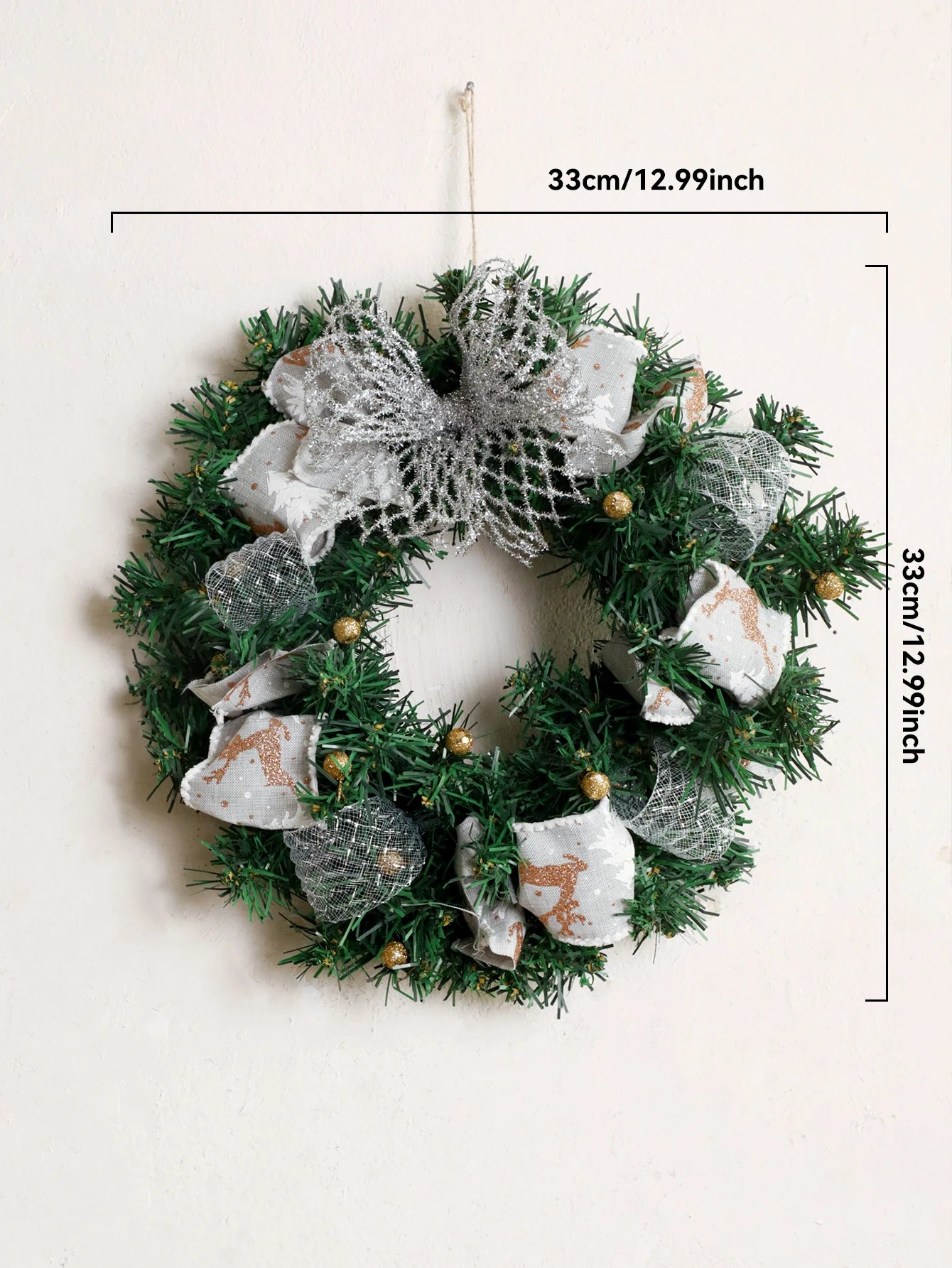 Christmas Wreath with Bow & Bell Decor, Artificial Green Wreaths for Front Door, Wall, Xmas Tree & Festive Home Decoration Gift