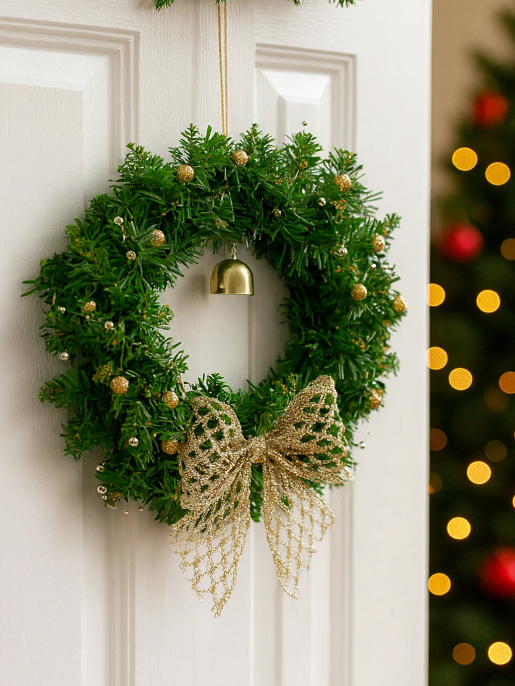 Christmas Wreath with Bow & Bell Decor, Artificial Green Wreaths for Front Door, Wall, Xmas Tree & Festive Home Decoration Gift