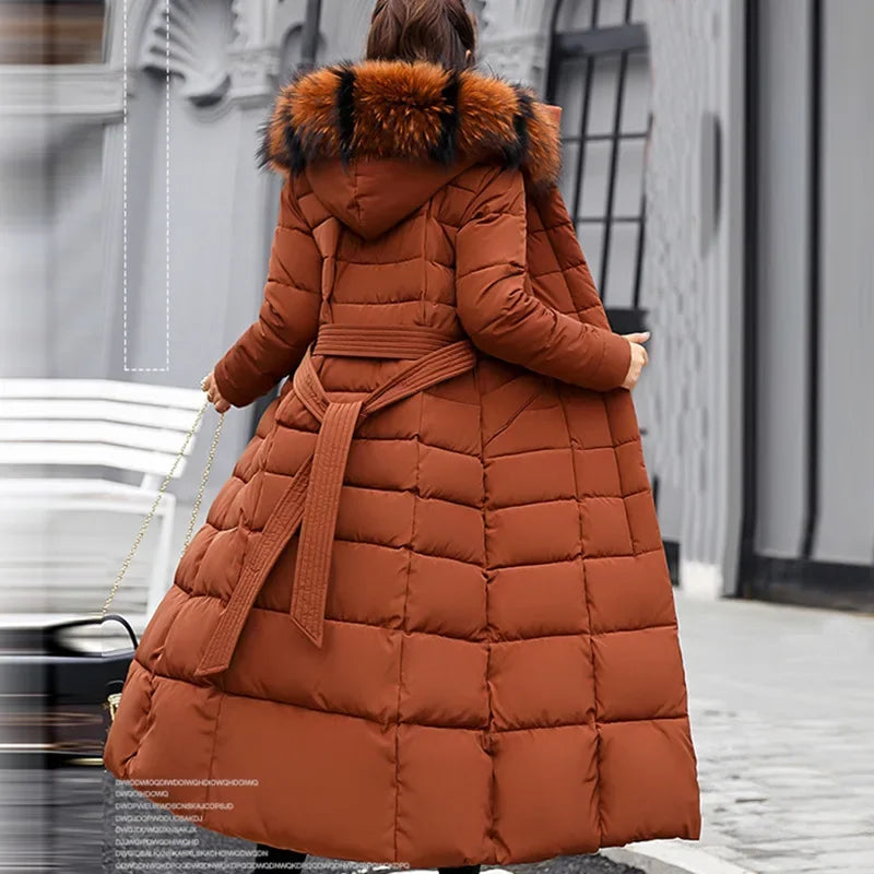 Korean Style Thickened Winter Cotton Jacket Women's Long Coat with Fur Collar Slim Fit Hooded Ladies' Cotton Padded Coat