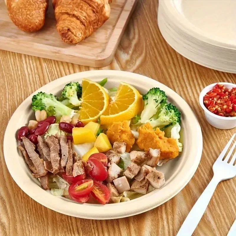 50PCS Circular Paper Plates Are Suitable for Disposable Kitchen Dishes in Restaurants Such As Barbecue Pasta Salad Desserts