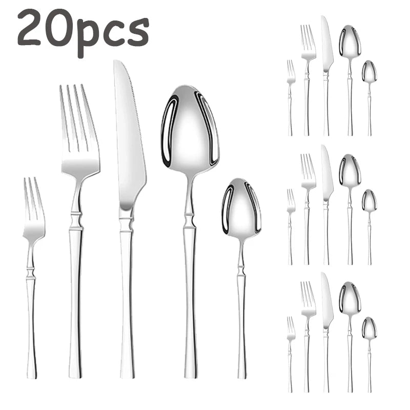 20/30pcs stainless steel advanced silver tableware set, including knife and spork, suitable for kitchen and restaurant.