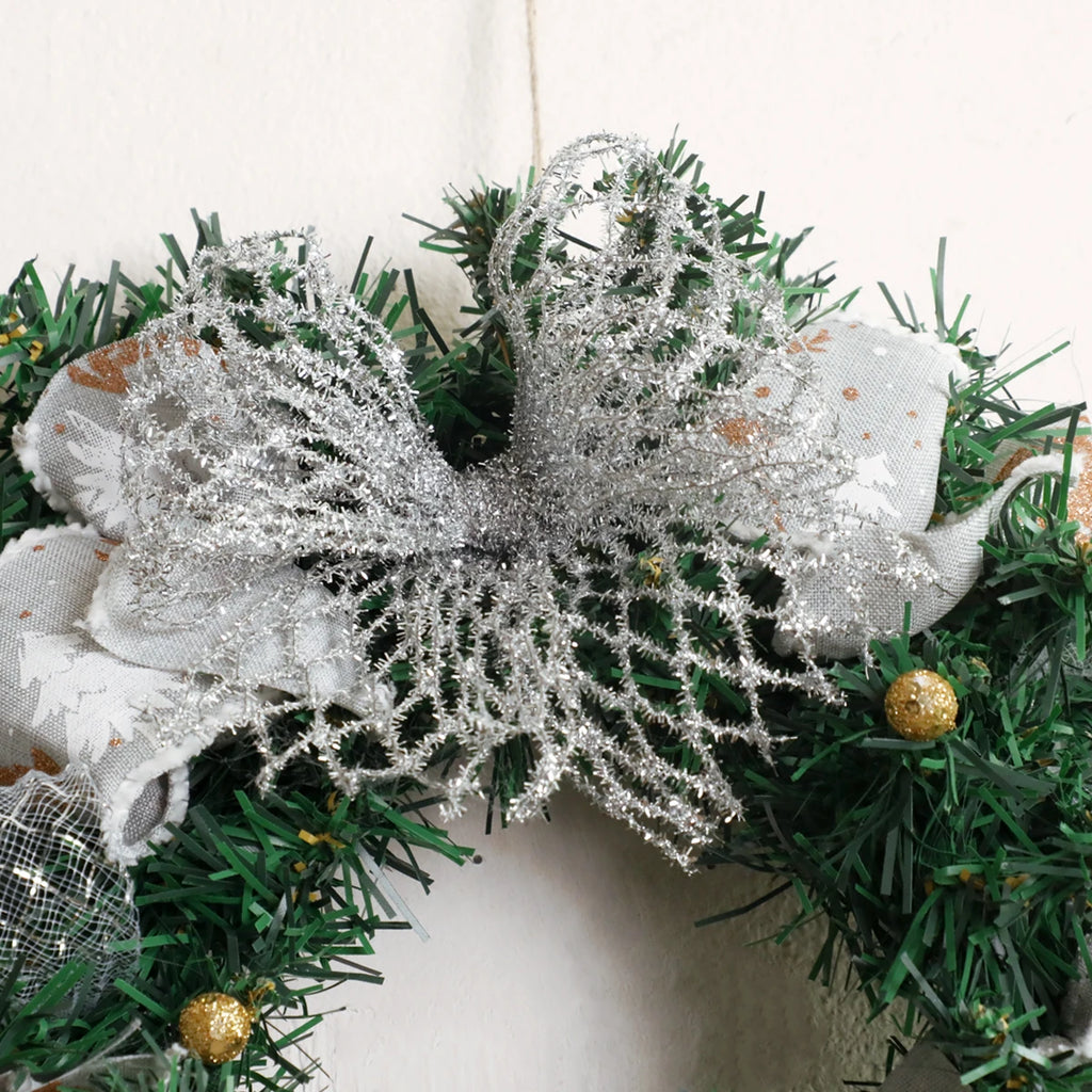 Christmas Wreath with Bow & Bell Decor, Artificial Green Wreaths for Front Door, Wall, Xmas Tree & Festive Home Decoration Gift