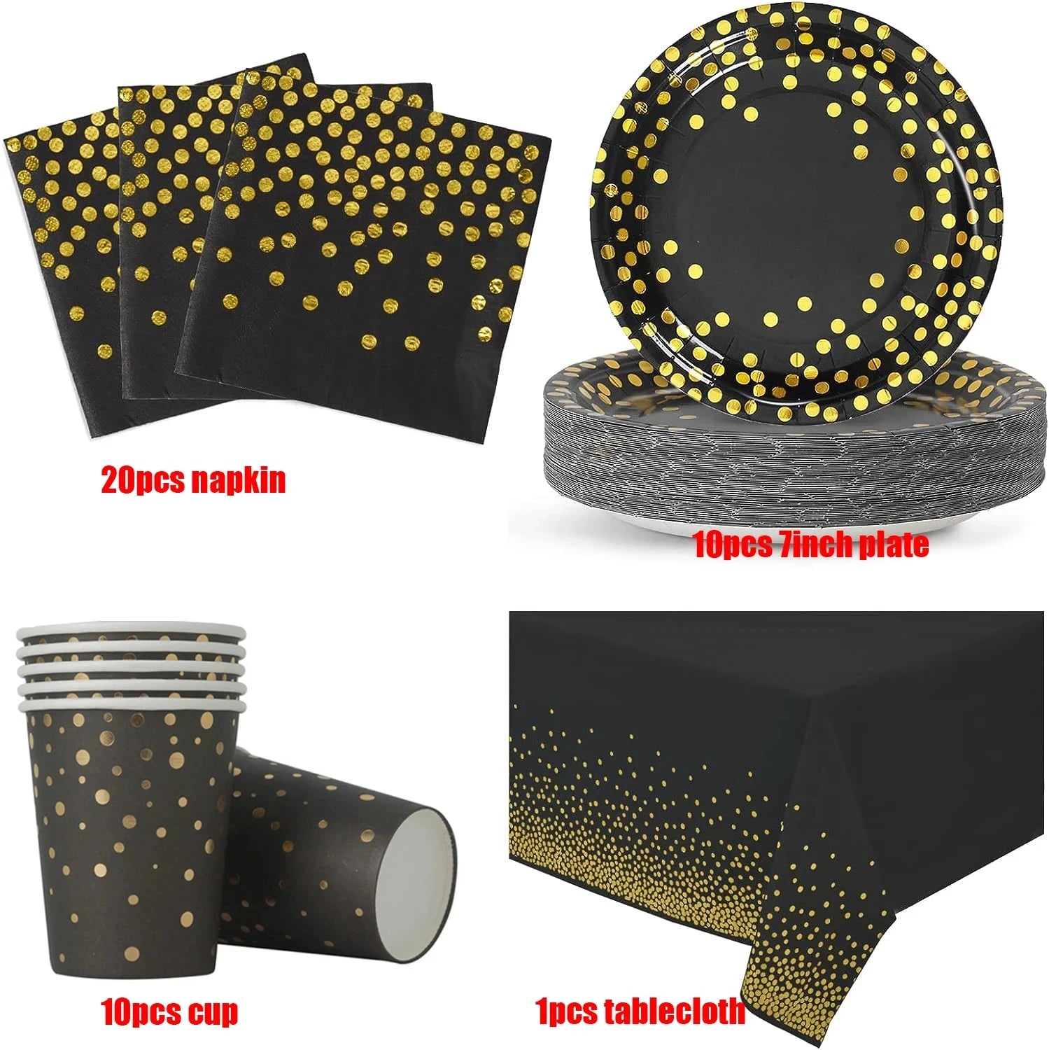 Black and Gold Paper Plates Party Supplies for 10 Guests Disposable Party Decorations Dinnerware Golden Dot Black Paper Plate
