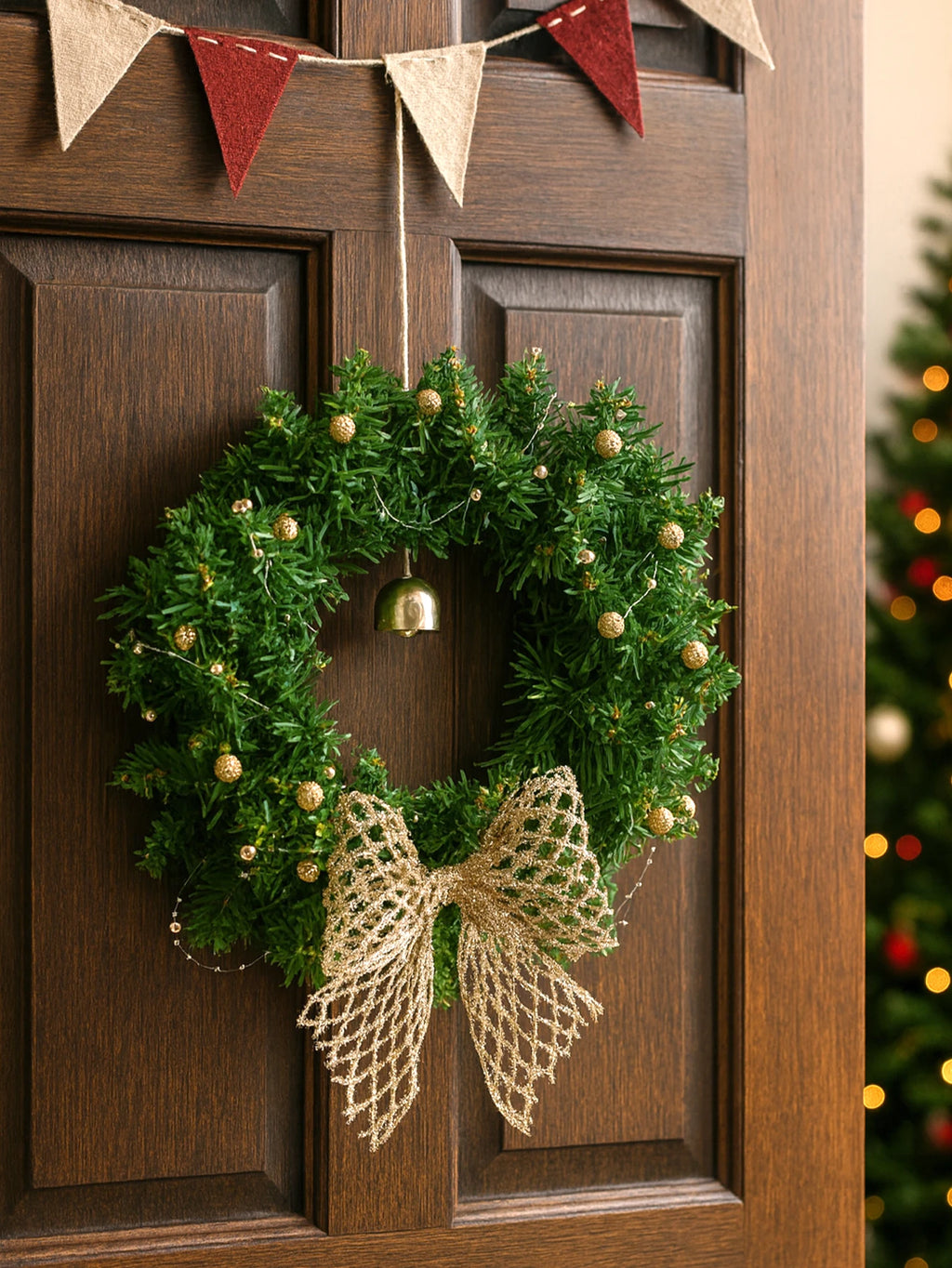 Christmas Wreath with Bow & Bell Decor, Artificial Green Wreaths for Front Door, Wall, Xmas Tree & Festive Home Decoration Gift