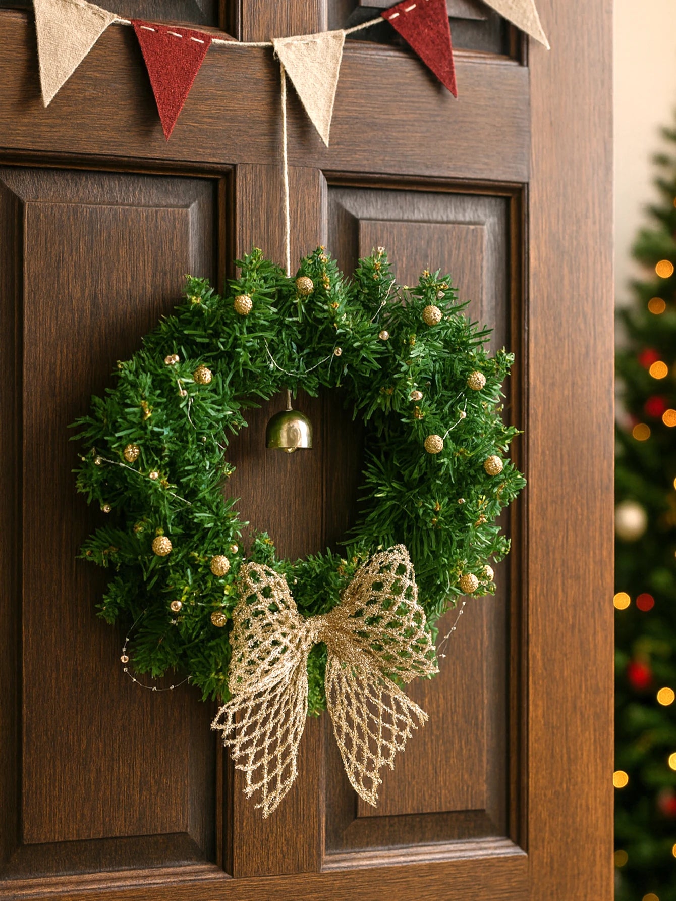 Christmas Wreath with Bow & Bell Decor, Artificial Green Wreaths for Front Door, Wall, Xmas Tree & Festive Home Decoration Gift