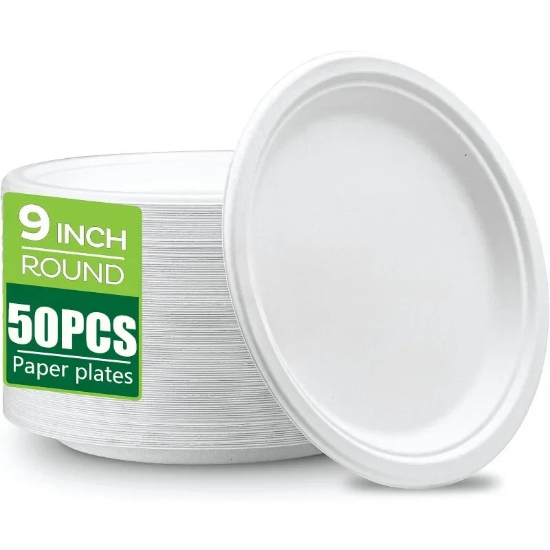 50PCS Circular Paper Plates Are Suitable for Disposable Kitchen Dishes in Restaurants Such As Barbecue Pasta Salad Desserts
