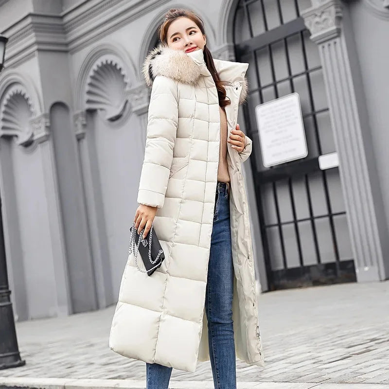 Korean Style Thickened Winter Cotton Jacket Women's Long Coat with Fur Collar Slim Fit Hooded Ladies' Cotton Padded Coat