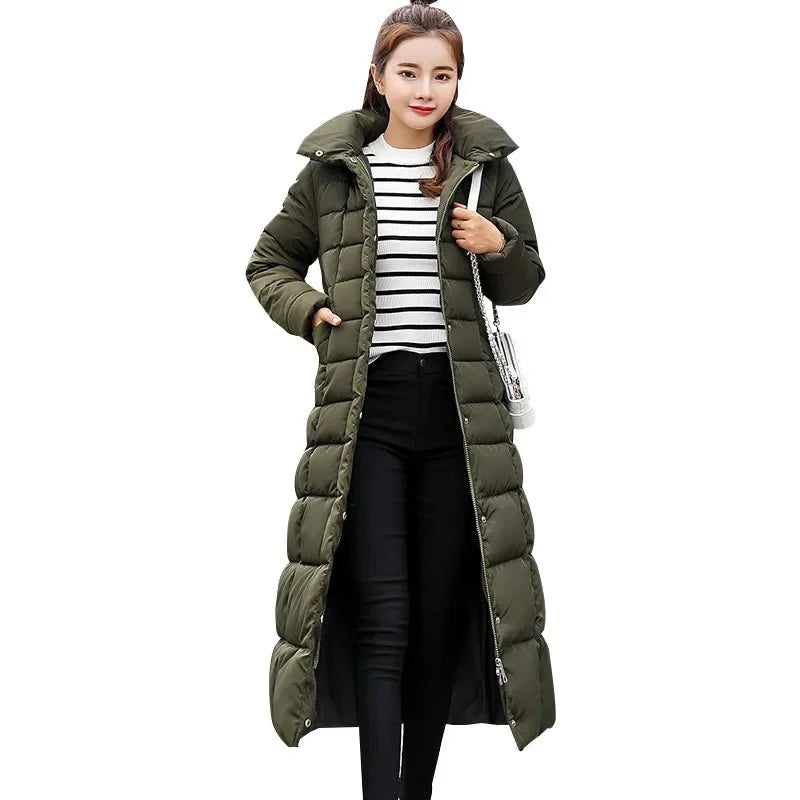 Korean Style Thickened Winter Cotton Jacket Women's Long Coat with Fur Collar Slim Fit Hooded Ladies' Cotton Padded Coat