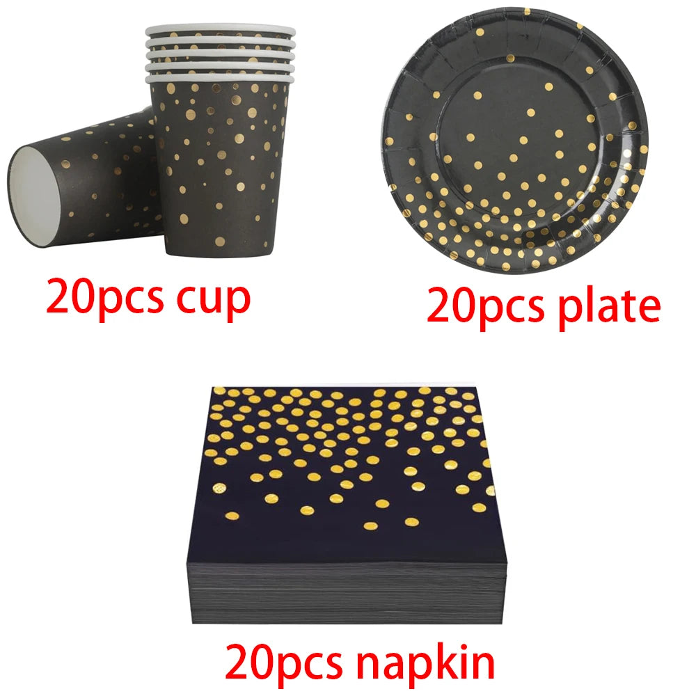 Black and Gold Paper Plates Party Supplies for 10 Guests Disposable Party Decorations Dinnerware Golden Dot Black Paper Plate