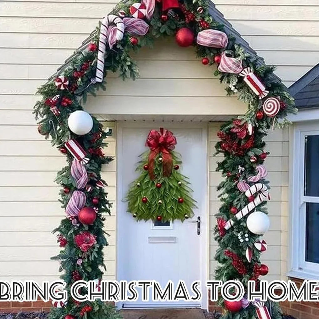 Christmas Tree Wreath for Front Door Hanging Ornament for Garden Room Christmas Tree Wreath With Red Bow Christmas Decor