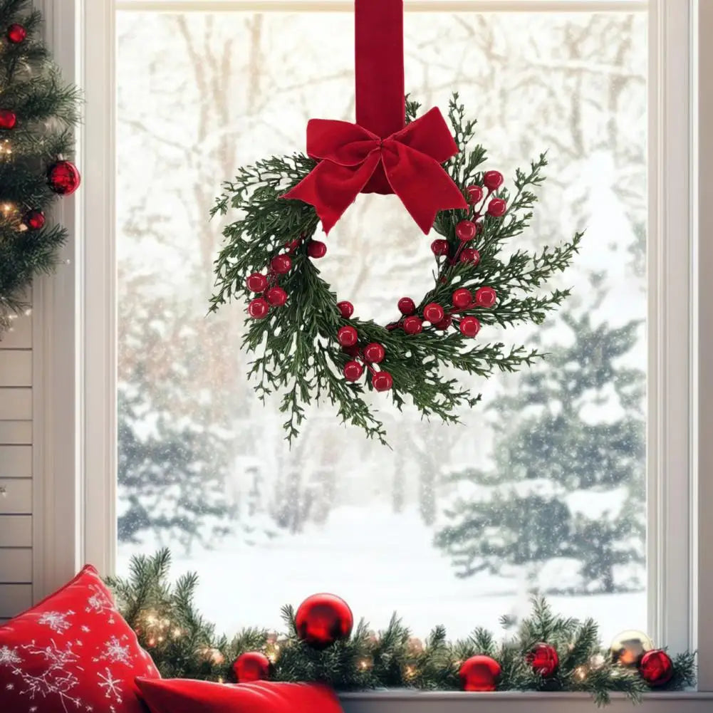 Artificial Christmas Wreath 10 Inch Winter Greenery Wreath with Red Berries And Velvet Bow Front Door Holiday Porch Wall Decor