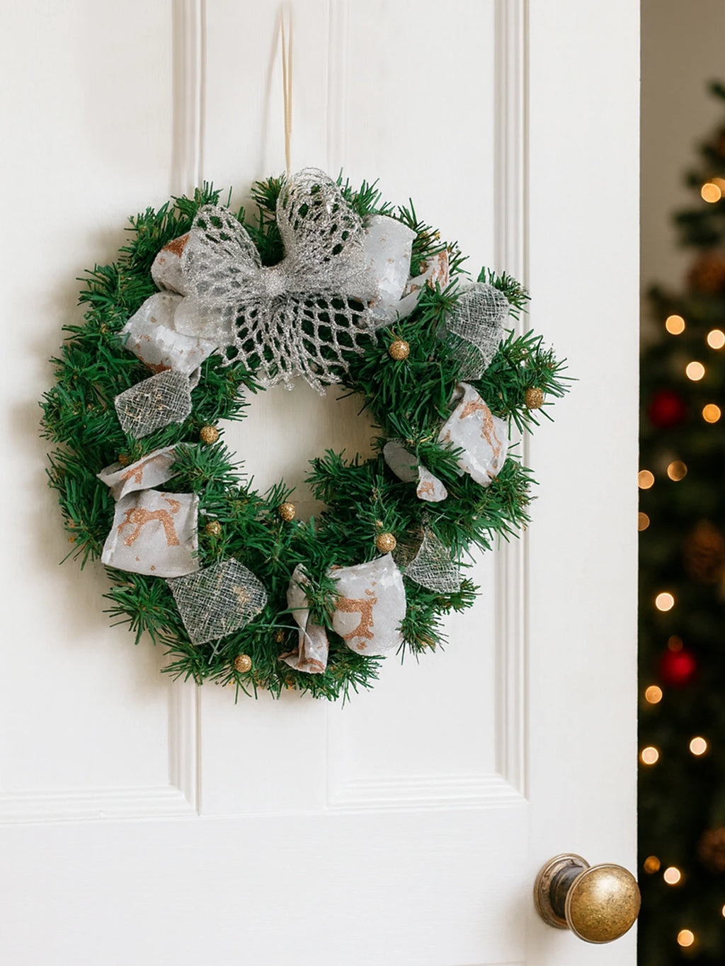 Christmas Wreath with Bow & Bell Decor, Artificial Green Wreaths for Front Door, Wall, Xmas Tree & Festive Home Decoration Gift