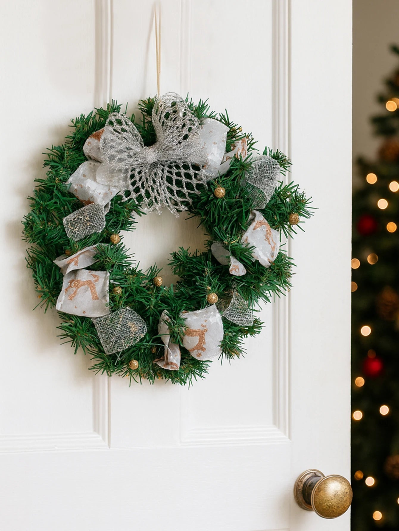 Christmas Wreath with Bow & Bell Decor, Artificial Green Wreaths for Front Door, Wall, Xmas Tree & Festive Home Decoration Gift