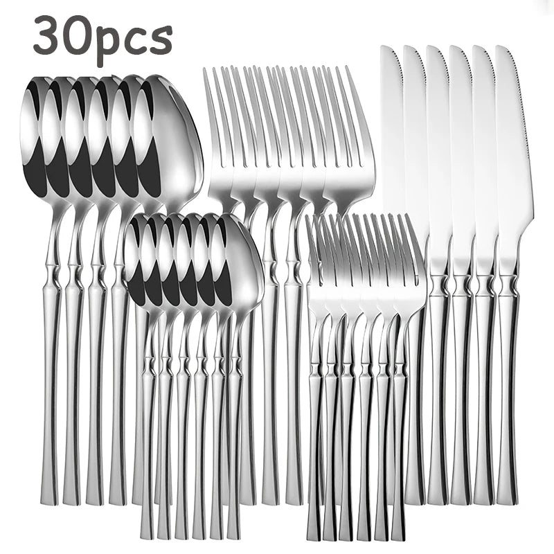 20/30pcs stainless steel advanced silver tableware set, including knife and spork, suitable for kitchen and restaurant.