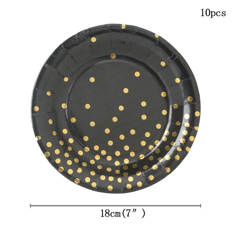 Black and Gold Paper Plates Party Supplies for 10 Guests Disposable Party Decorations Dinnerware Golden Dot Black Paper Plate