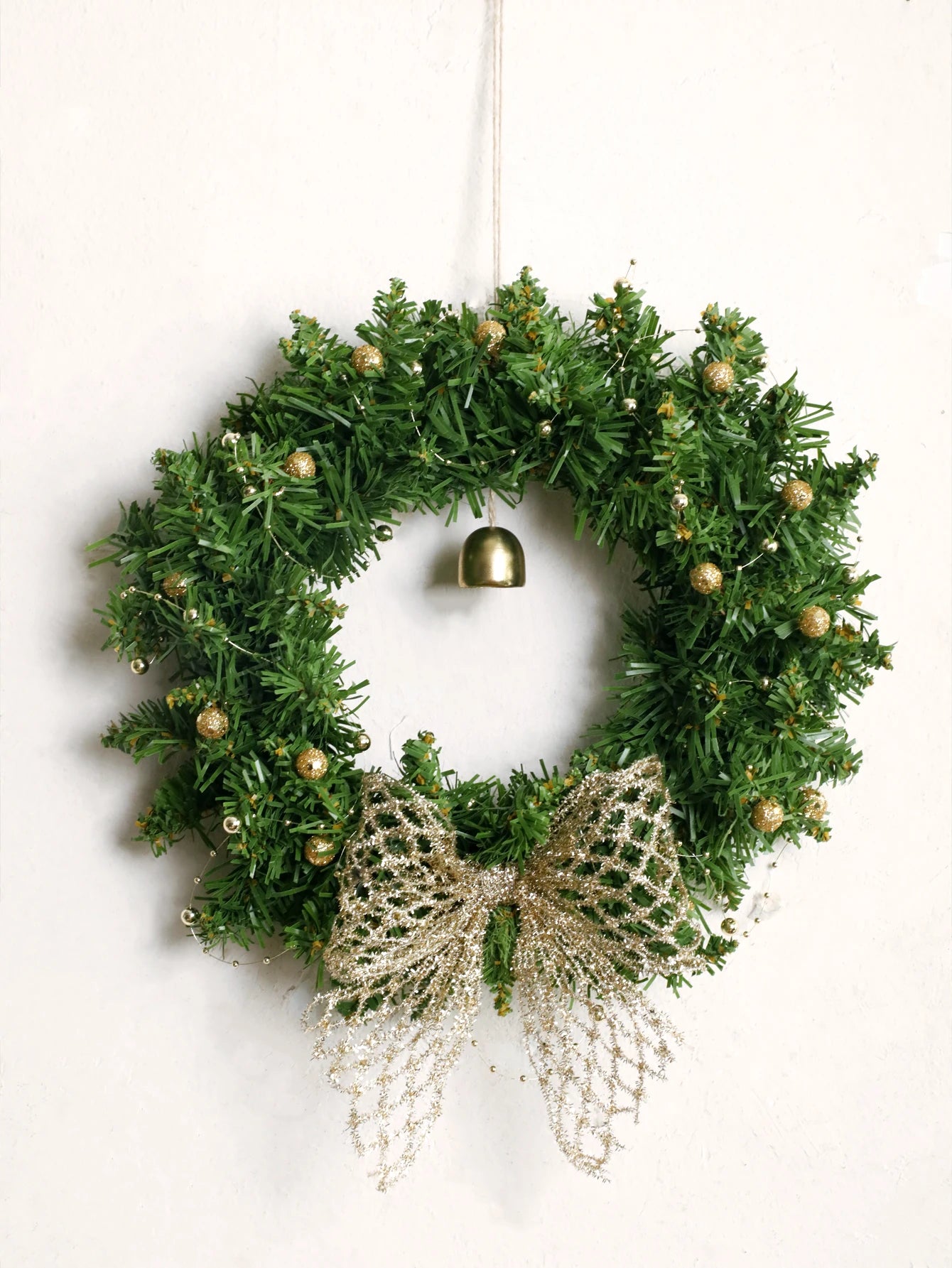Christmas Wreath with Bow & Bell Decor, Artificial Green Wreaths for Front Door, Wall, Xmas Tree & Festive Home Decoration Gift