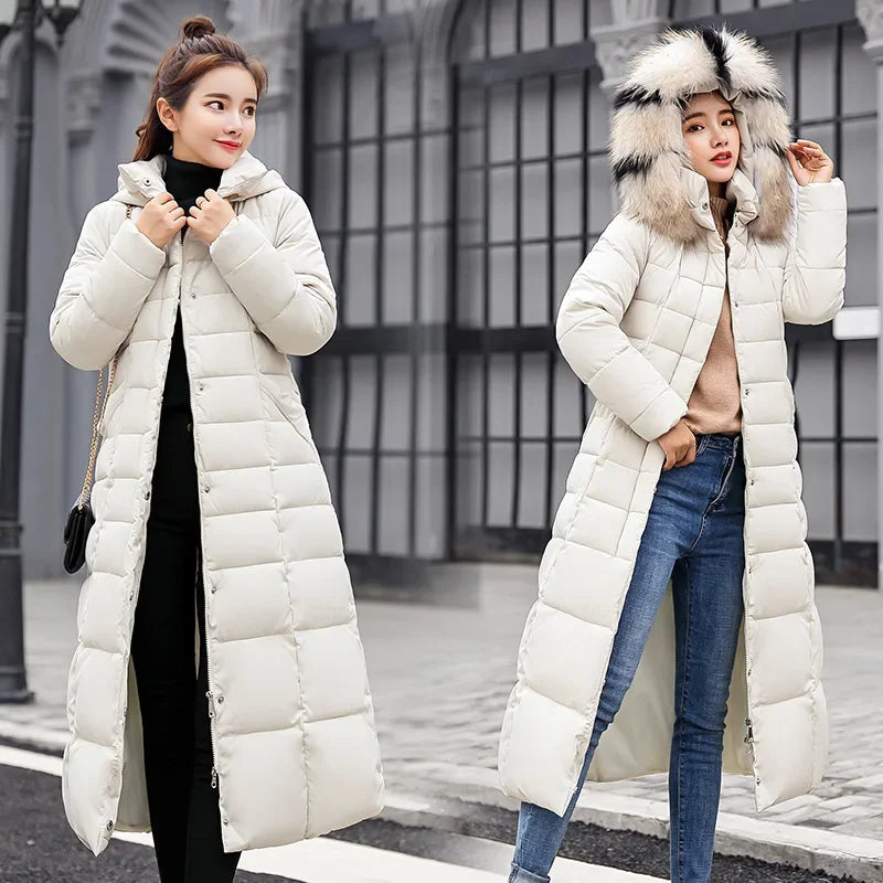 Korean Style Thickened Winter Cotton Jacket Women's Long Coat with Fur Collar Slim Fit Hooded Ladies' Cotton Padded Coat