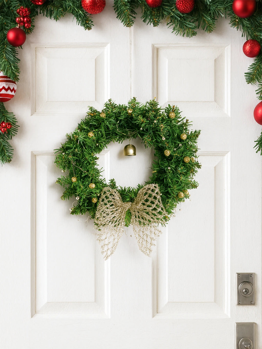 Christmas Wreath with Bow & Bell Decor, Artificial Green Wreaths for Front Door, Wall, Xmas Tree & Festive Home Decoration Gift