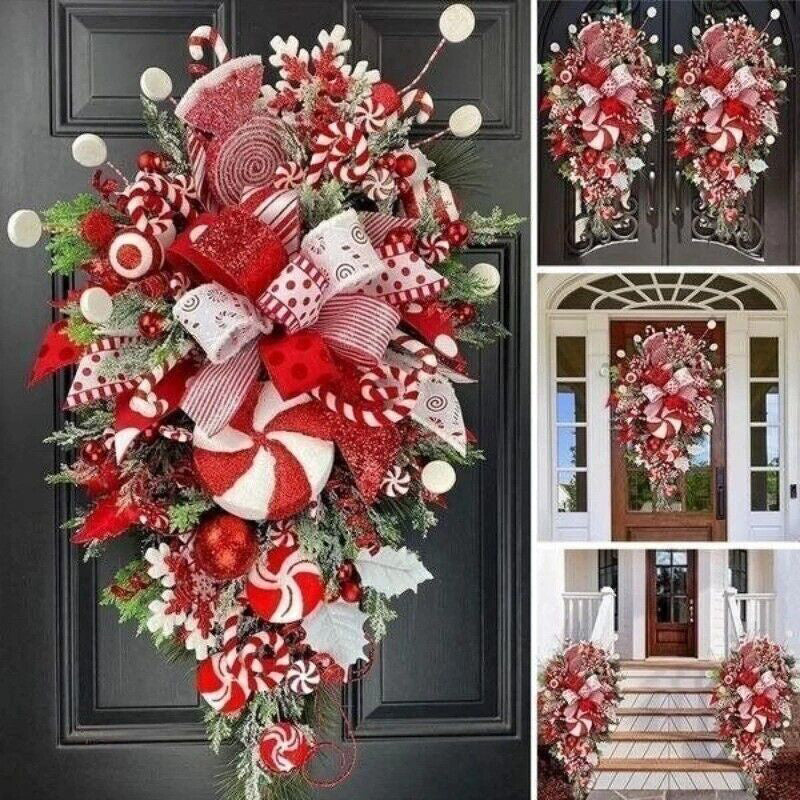 Christmas Wreath Candy Upside Down Tree Garland Artificial Xmas Ornament Hpme Porch Window Door Wall Hanging Decoration